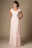 Blushing Pink Long Formal Full Length Modest Chiffon Beach Evening Bridesmaid Dresses With Cap Sleeves Beaded Ruched Bridesmaids Dresses