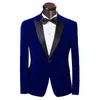 Velvet Men Siatek Kurtka Dark Blue Peak Lapel Mężczyźni Garnitur Wedding Prom Mens Garnitury Slim Groom Tuxedos Fashion Wedding Garnitury dla mężczyzn (kurtka + spodnie)