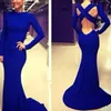 Royal Blue Evening Dresses With Long Sleeve Cross Backless Mermaid Elegant Satin aftonklänningar Sexiga formella klänningar5914819