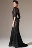 Newest Elegant Mermaid Jewel Black Lace Sweep Train Organza Evening Dresses With Long Sleeve See Through Cheap Long Mother Gowns