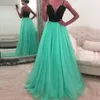 Popularna Dwa Tone Prom Sukienka Długie Formalne Czarne Turkus Tulle Prom Dresses Suknia wieczorowa z frezowaniem