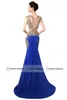 Sexig sjöjungfru Prom Party Dresses Beads Sheer Neck Scoop Gold Embroidery Royal Blue Red Formal Eccase Evening Gowns 2019 Custom Re8738937