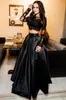 Two Pieces Black Prom Dresses Sheer Neck Illusion Long Sleeves Satin Lace Applique Special Occasion Evening Dress Party Gowns For Women