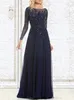 2019 Top Selling Elegant Navy Blue Mother of The Bride Dresses Chiffon See-Through Long Sleeve Sheer Neck Appliques Sequins Evening Dress