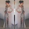 Oszałamiające luksusowe srebrne sukienki wieczorowe ciężkie cekiny z koralików w V-de-dec 3 4 rękawy syrenki Sukienki Promowanie seksowne dzielone koronkowe wieczór 254T