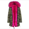 Outdoor Rose Fur Trim Jazzevar Märke Rabbit Fur Lined Camouflage Shell Long Parkas Snow Winter Jackets Women Coats