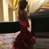 Romantic Red Evening Dress Mermaid With Rose Floral Ruffles Sheer Prom Gown With Applique Long Sleeve Prom Dresses With Bra Sweep 6933066