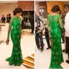 2018 Najnowszy Sheer Lace Długie Rękawy Suknia Wieczorowa z Bateau Emerald Green Prom Dresses Syrenki Suknie wieczorowe