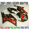 Hot Sale Bodywork Set för Suzuki GSXR600 GSXR750 2001-2003 K1 Fairings 01 02 03 GSX-R 600 750 Röda Flammor Svart Fairing Kit SK47