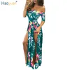 HAOYUAN Abito lungo lungo con spalle scoperte Donna Estate Taglie forti Abbigliamento aderente senza schienale Stampa floreale Abiti da spiaggia sexy con spacco alto q1110