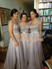 Till salu! Silver Chiffon Lace Bridesmaid Dresses Cap Sleeve Mönster Back Bridesmaid Klänning En Långlängd Beading Appliques Klänning