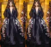 2016 Black Pattern Elie Saab 이브닝 드레스 딥 브이 넥 긴팔 새틴 스윕 열차 라인 파티 드레스 레드 카펫 연예인 드레스