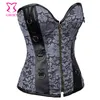 Silver/Black Convex Floral Brocade Overbust Zipper Gothic Corset Bustier Top Steampunk Corsets and Bustiers Sexy Korset Corselet