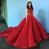 Red Lace vestido de baile lantejoulas Prom frisada Sheer Jewel Neck Pageant Vestidos Vestidos De Fiesta Trem da varredura vestido formal