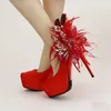 Stiletto Hak Platforms Rode Satijn Bruids Schoenen Glitter Bloem Veer RONND Teen Trouwjurk Schoenen Dames Pumps True Size