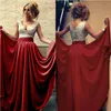 Billiga Sequined V Neck Long Burgundy Prom Klänningar Aftonklänning med Ruched Chiffon A-Line Party Pageant Gowns Vestido de Festa