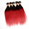 Två tonröd hår 3 buntar Brasilianska Virgin Human Hair Weave 1B Röd Ombre Hair Extension Red Colored Bundles