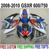 ABS Full Fairing Kit för SUZUKI GSXR750 GSXR600 2008-2010 K8 K9 Blue Red Black Fairings Set GSXR 600/750 08 09 10 KS54