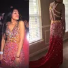 Glitter Shining Champagne Red Prom Dresses Sexy Slit Party Graduation Dress V Neck Formal Evening Dresses vestidos formatura Beaded Crystal