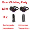 Professionellt tyst disco -system svart LED trådlösa hörlurar - tyst klubbfestpaket med 60 mottagare och 3 sändare