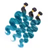 TWEE TONE 1B BLAUWE Ombre Body Wave Haar Weefsels met Top Sluiting Donkere Roots Blue Ombre Vrije Deel Kantsluiting met haarbundels