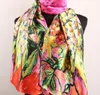 1pcs fuchsia orange lilja blomma och gröna blad halsdukar kvinnors mode satin oljemålning lång wrap sjal strand silke halsduk 160x50cm