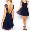 2014 Summer Women Fashion Work Wear Sexy Party Blue Contrast Lace Backless Dress WF-3138