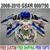 Kit de carénage de vente chaude pour SUZUKI GSXR750 GSXR600 2008 2009 2010 K8 K9 GSX-R600/750 08-10 ensemble de carénages blanc bleu DARK DOG R50P