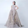 Yousef aljasmi Labourjoisie Evening Dresses Prom Gowns Overskirt Detachable Train Champagne Mermaid Lace Applique Party Dress High Neck