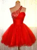 赤の安い1つの肩の短い帰宅の服装プリーツチュールのチュールvestidos de Festa Mini A-Line Party Prom Gown