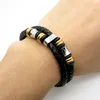 Two-tone Black Genuine Leather With Stainless Steel Mens Chain Bracelet Bangle 8.26 inch