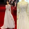 Elie Saab Zroszony Szyfon Długi Prom Dresses A-Line Backless Długim Rękawem Wieczór Party Suknie Cekiny Kryształ Sheer Neck Celebrity Sukienki