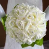 2015 Hot Bouquet da sposa da sposa Decorazione di nozze Mazzi di damigella d'onore artificiali Perline Cristallo Fiore finto Rosa Crema Verde A buon mercato