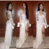 2017 Backless Sexy Prom Dresses Slim Fitted Sheer Long Sleeve Party Dresses with Side Slit Chapel Train Lace Chiffon Evening Dresses Cheap