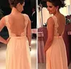 High Quality U Open Back Print Chiffon Lace Long Peach Color Bridesmaid Dress Party Dress Custom Made