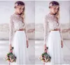 2015 Twopieces Crop Top White Wedding Dresses Chiffon Ruched golvlängd Bröllopsklänningar Spring Lace Långärmbröllop 2122204