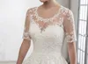 Vintage Wedding Dresses Fall Winter Long Bridal Gowns Scoop Short Sleeves Zipper with Buttons Back Floral Applique Vestido de novia Ivory