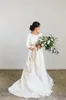 Ny Boho A-Line Soft Satin Modest Bröllopsklänningar med 3/4 Ärmar Beaded Blet Low Back Country Bröllopklänningar 2020 Skräddarsydd Couture