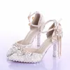 Pointed Toe Ankle Strap Boots Bridal Shoes Ivory Pearl Wedding Party Dress Shoes Rhinestone Pumps for Wedding Events Prom Shoes216h