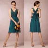 New Arrival A Line V neck Knee Length Teal Color Bridesmaid Dresses 2016 Short Vintage Tulle Satin Bow Back Cocktail Party Gowns