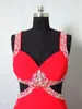 Robes de bal rouge avec des perles de cristal colorées 2019 Spaghetti sexy Backless sans mousseline de mousseline