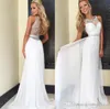2016 New Style White Prom Dresses Sequins Beaded Modest Evening Gowns Party Dresses Chiffon Sheer Neck Graduation Formal Dresses Custom Made