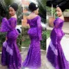 Shoulder Purple Prom Off Long Sleeve Lace Evening Gowns Back Zipper Sweep Train Custom Made Formal Ocn Dresses