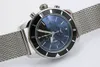 Venta superior Cronógrafo Reloj para hombre Cinturón plateado sin acero Esqueleto plateado Esfera azul oscuro Puntero blanco Relojes de tendencia