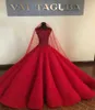 Red Lace Ball Gown Sequined Prom Dresses Beaded Sheer Jewel Neck Pagant Gowns Vestidos De Fiesta Sweep Train Formell Dress