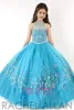 Rachel Allan Girls Pageant Klänningar 2016 Ny Sheer High Neck Tulle Blue Rhinestone Crystal Beads Glitz Ball Klänning Lång Blomma Girls Klänningar 1570