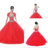 Frete grátis vestido de baile querida até o chão vermelho de cristal de tule 15 anos meninas quinceanera dress com manga curta de cristal vestidos de baile