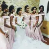 Blush Pink African Mermaid Bridesmaid Dresses Long Appliques Sequins Off The Shoulder Maid Of Honor Dresses Evening Wear Satin Party Gowns