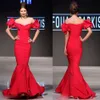 Sexy Red Mermaid Evening Dresses Off Shoulder Sleeveless Mnm Couture Prom Dress Floor Length Evening Gowns With Ruffle