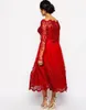 Röd plusstorlek Klänningar Billiga Långärmade Lace Applique Te Längd Kvällar Special Occasion Prom Dress